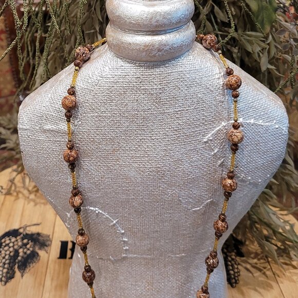 Vintage Judie Ingram Brown Granite & Amber Glass Beaded Necklace 34" - Picture 4 of 6